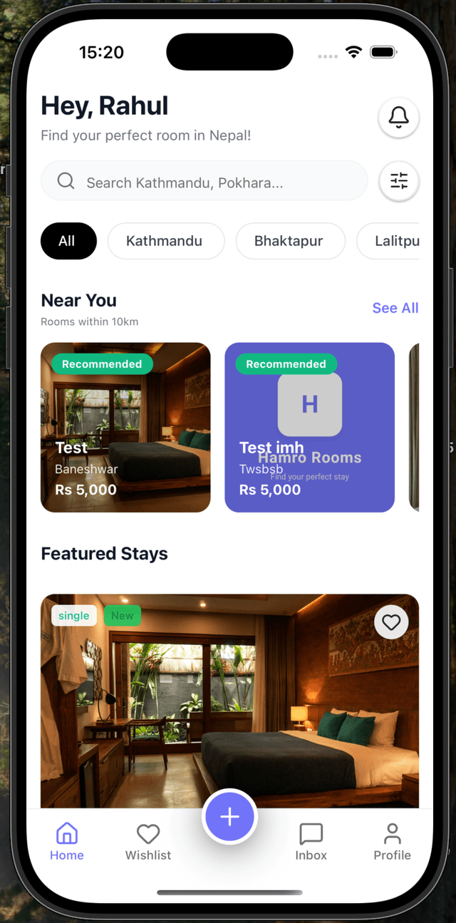 Hamro Rooms app home screen showing room listings, search, and featured stays in Nepal